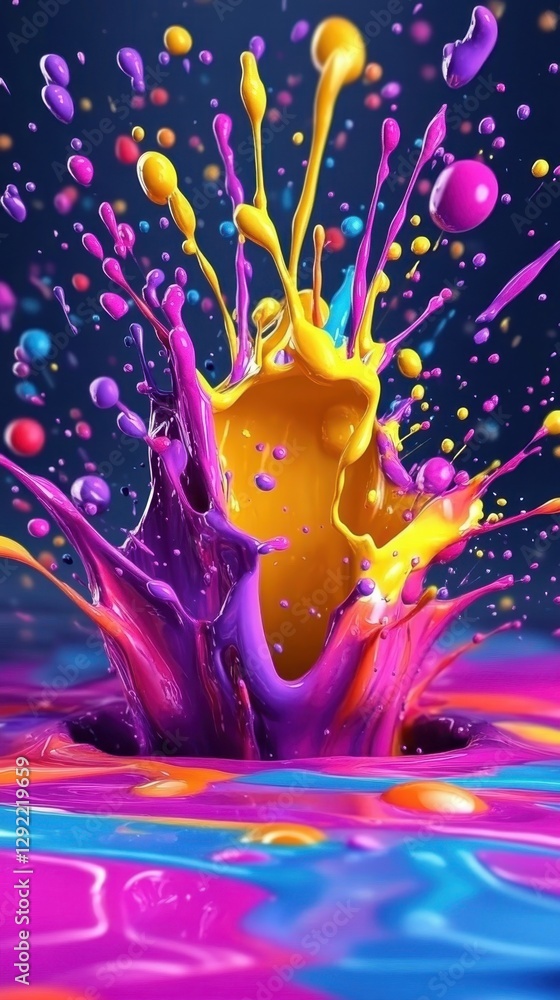 Poster explosion of colorful paint is splashing, creating a vibrant and dynamic scene with droplets and str