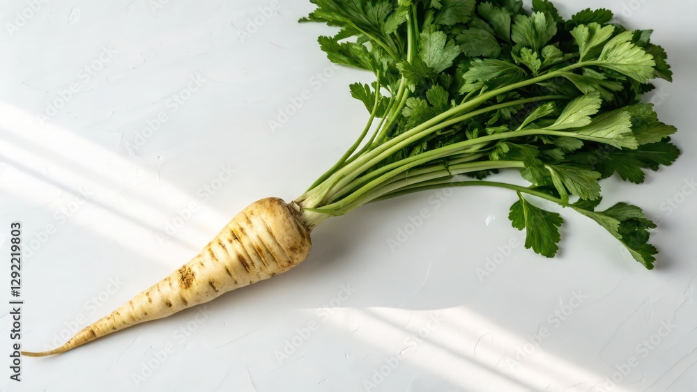 Poster a fresh parsnip with green leaves, isolated on a white background. this image is perfect for food bl