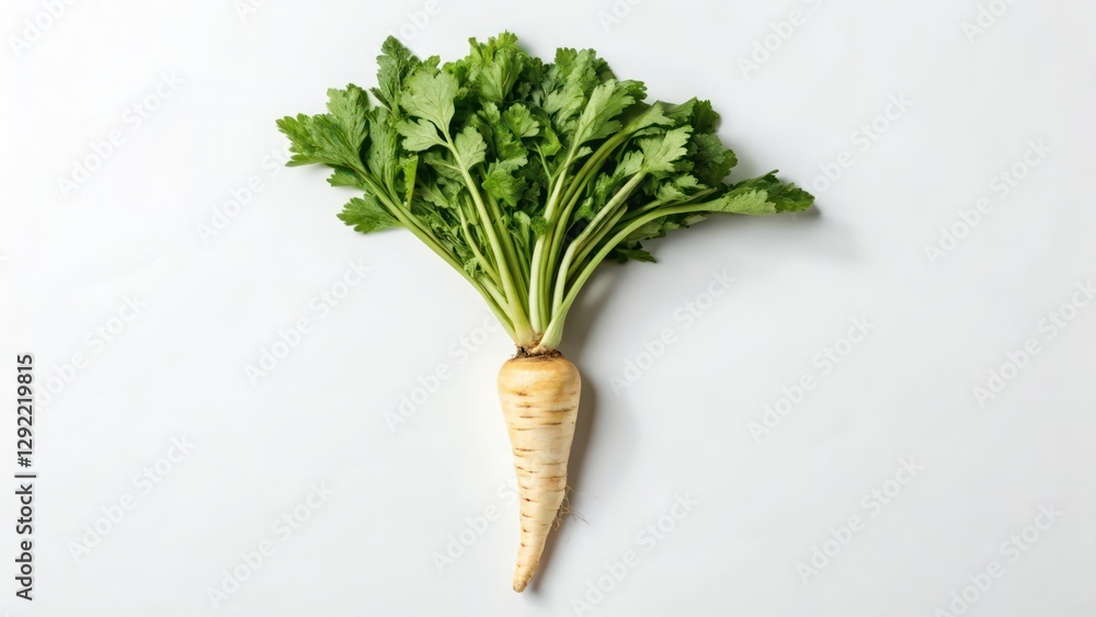 Poster a single parsnip with green leaves, isolated on white background