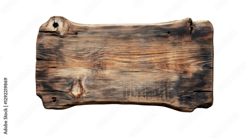 Poster rectangular aged wooden plank with irregular borders and nails, isolated on transparent background, 