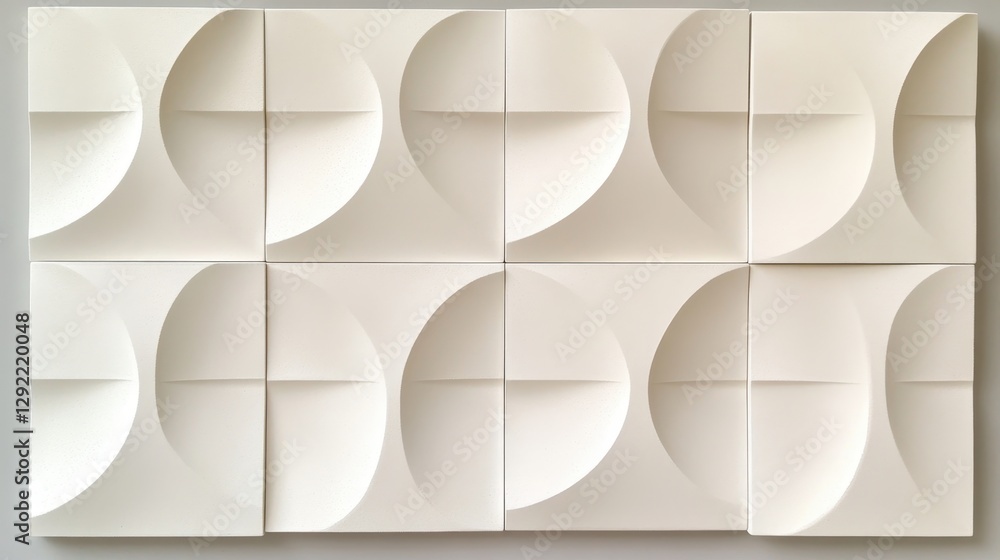 Poster relief wall covering composed of multiple white square tiles forming a seamless pattern of concave a