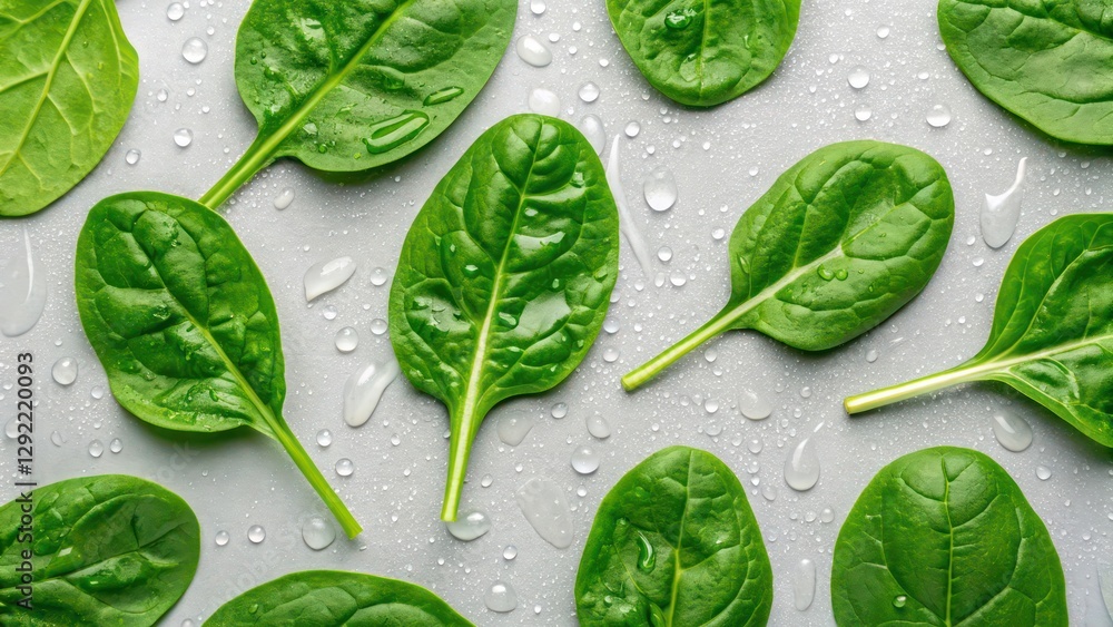 Poster fresh spinach leaves on a white background with water drops. the leaves are arranged in a repeating 