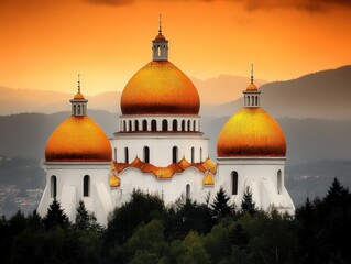 Fototapeta premium A majestic mosque captured at sunset with golden domes glowing and intricate architectural details