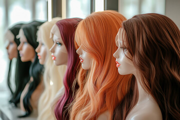 Fototapeta premium Hair wigs different colors and styles on mannequins in beauty salon