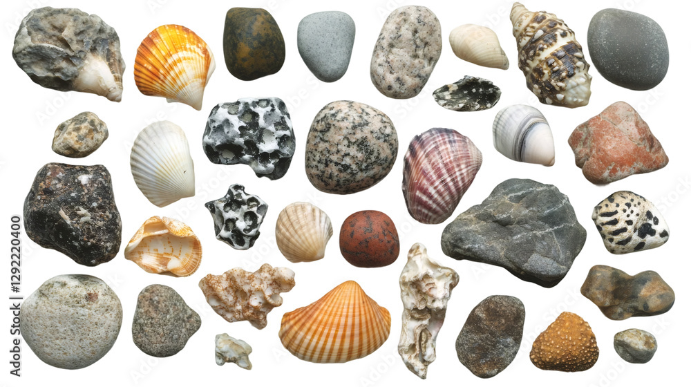 Poster various seashells and pebbles forming a diverse collection, isolated on transparent background, perf