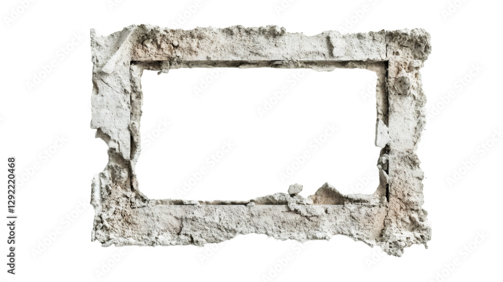 Poster ruined concrete window frame isolated on transparent background, creating a grunge and weathered bor