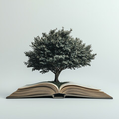Tree emerging into an open book isolated on white background Generative ai