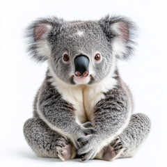 A cute koala sitting peacefully, isolated on a white background, showing its fluffy ears and adorable expression