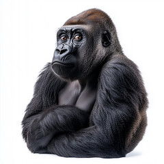 Fototapeta premium A majestic gorilla with deep eyes and thick black fur, captured in a powerful yet calm pose against white.