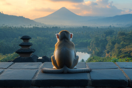 Dawn contemplation, A young monkey's serene viewpoint in Bali's hills