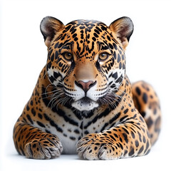 Obraz premium A powerful jaguar lying down with an intense stare, showcasing its golden fur and bold black rosettes, isolated on white.