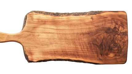 Rustic wooden cutting board with natural bark edge isolated on transparent background, ideal for food presentation