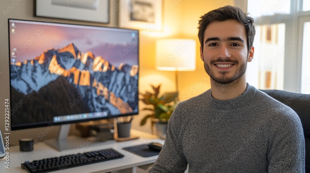 Poster man smiles at desk; computer display shows mountains, lamp & window behind