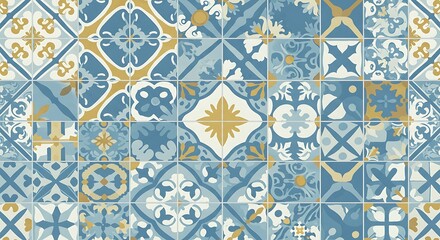 Decorative Tiles Pattern Blue Yellow Floral Design Mosaic