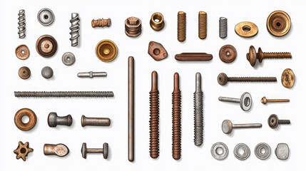 Obraz premium Old screw and nail heads set, steel, copper and brass metal bolts, rusty rivets hardware yellow, red and grey caps top view isolated on transparent background. Realistic 3d vector illustration, icons