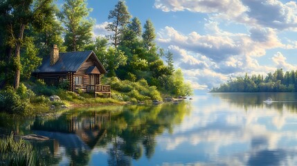 Obraz premium Stunning waterside cabin with forest view on calm lake high resolution picture