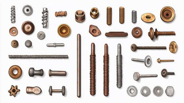 Old screw and nail heads set, steel, copper and brass metal bolts, rusty rivets hardware yellow, red and grey caps top view isolated on transparent background. Realistic 3d vector illustration, icons