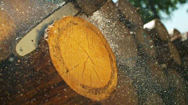 Super Slow Motion of a Chainsaw Cutting the Wooden Log . Filmed on High Speed Cinema Camera, 1000 fps.