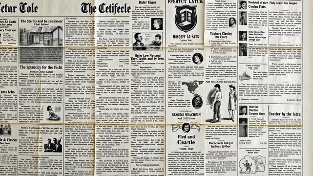 Detailed Collage of Newspaper Clippings Featuring Various Articles Text and Headlines in Black Ink on White Paper Offering Vintage and Historic Feel