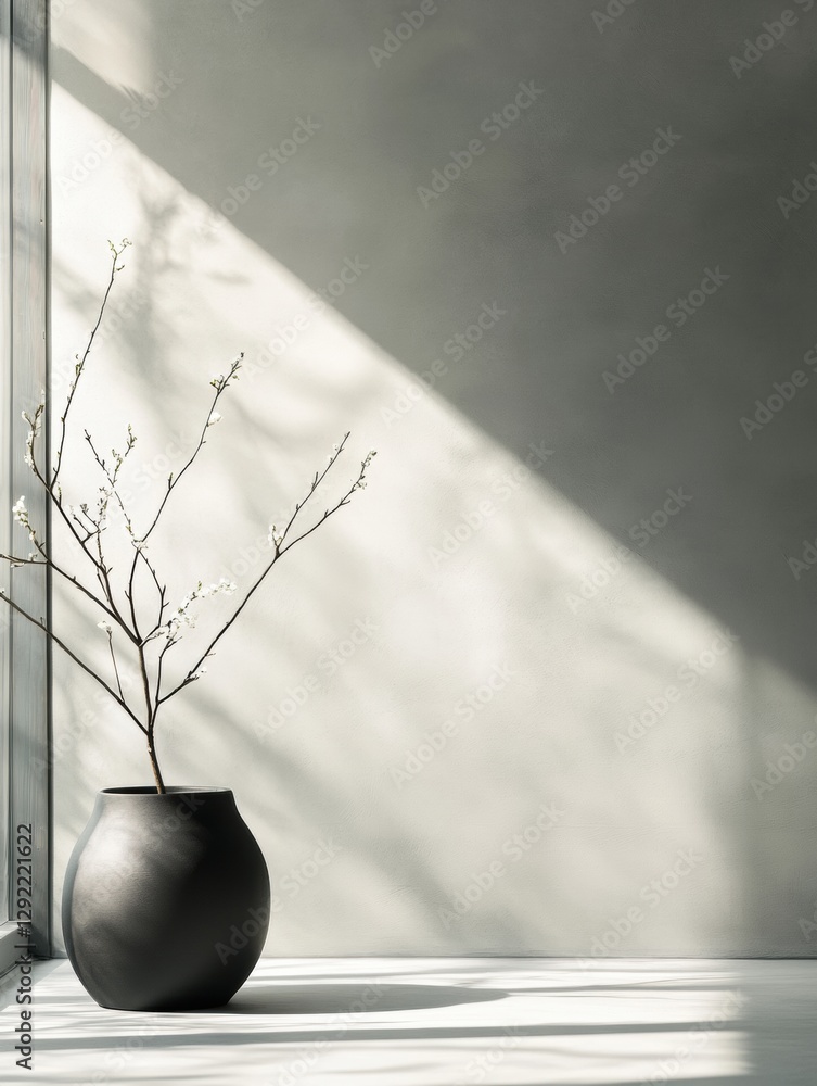 Poster elegant shadow play on a minimalist vase with branches in a modern interior space. generative ai