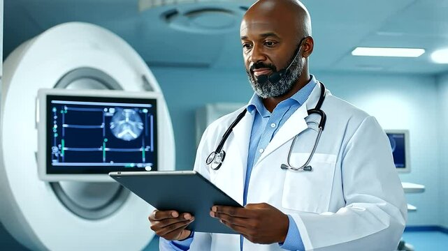 Healthcare professional in a technologically advanced clinic, using a tablet to compare medical data with advanced scanning equipment visible behind