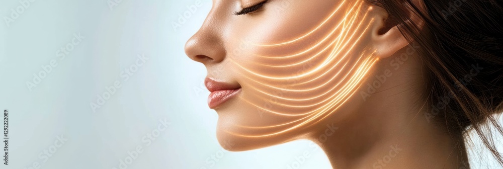 Poster elegant golden lines flow around a young womans face, illustrating the uplifting effects of modern a