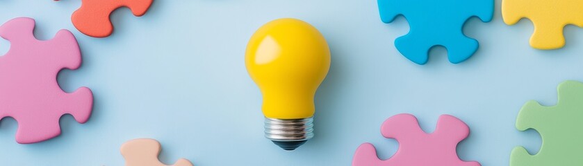 Bright Yellow Light Bulb on Colorful Puzzle Pieces