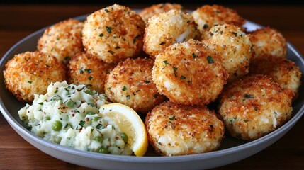 Fototapeta premium Crispy seafood balls served with mashed peas and lemon on a plate