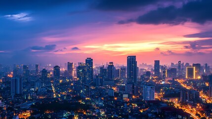 Stunning cityscape sunset over urban downtown modern skyline high resolution picture