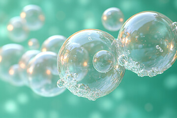 Trendy soap bubbles on green background