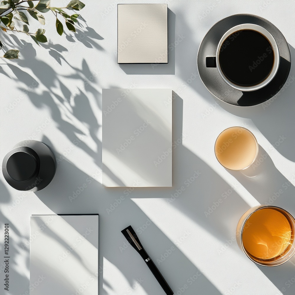 Poster minimalist workspace with notebooks, coffee, and sunlight creating soft shadows. generative ai