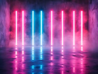 Neon lights, smoke, concrete room, background, design