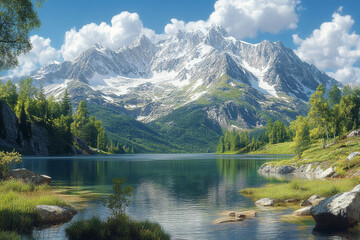 Fototapeta premium Mirror Lake, Majestic Snow-Capped Peaks Reflect on Serene Waterscape