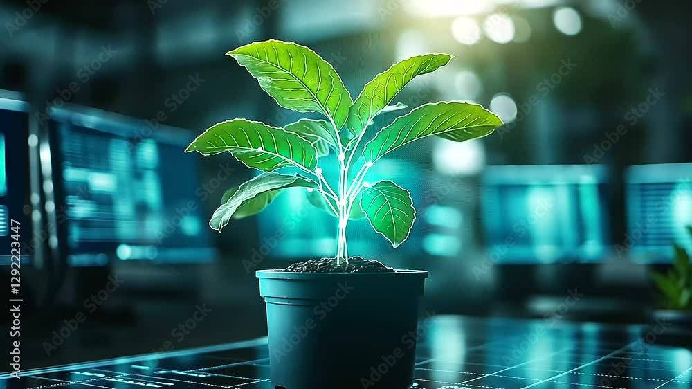 Poster a glowing plant on a tech lab table surrounded by ai screens analyzing its light patterns, symbolizi