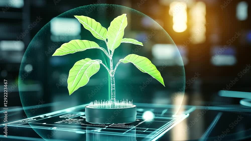 Poster a glowing plant on a tech lab table surrounded by ai screens analyzing its light patterns, symbolizi