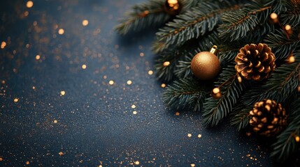 Festive christmas pine branches with gold ornaments and pinecones