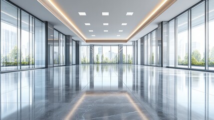 Modern spacious office interior with large windows and city view