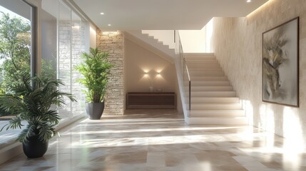 Obraz premium Modern luxury home interior with marble flooring and staircase