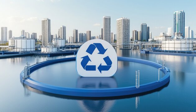 A large recycling symbol stands in a water reservoir surrounded by modern buildings, emphasizing sustainability and urban development.