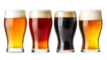 Craft beer varieties gleaming with condensation, frothy heads highlighting diverse brewing styles