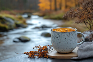 Autumnal Tranquility, Warm Beverage Beside a Serene Forest Stream