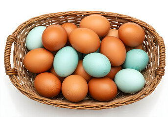 A basket filled with various colored eggs, showcasing natural beauty and freshness.