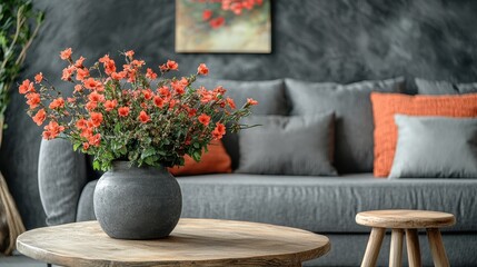 Elegant gray living room with orange floral arrangement on wooden table