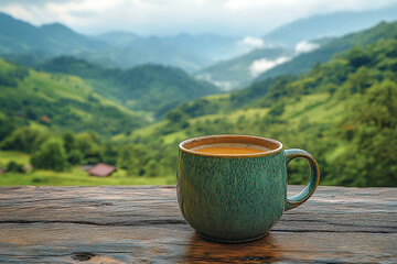 Mountain Morning Brew, Tranquil Tea Time Overlooking Lush Green Valleys