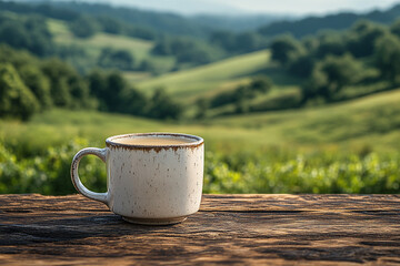 Morning serenity, Coffee cup amidst rolling hills on weathered wood