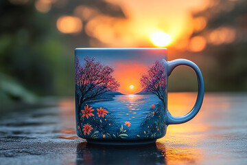 Painted Vista, Sunrise Serenity on a Decorative Coffee Mug Landscape