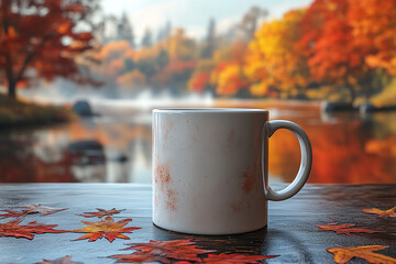Misty autumn morning contemplation with coffee and vibrant foliage