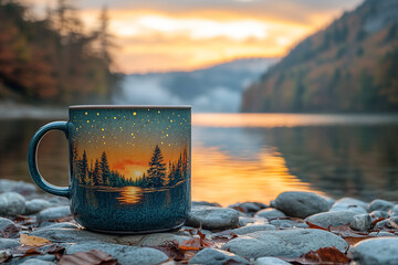 Morning Serenity, Coffee Embrace at Waterside Dawn with Forest Design