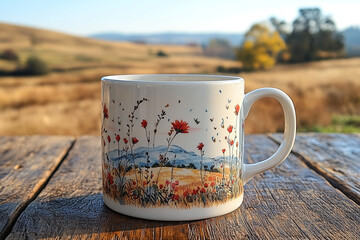 Floral Mug on Rustic Wooden Table Against Golden Hillside Backdrop