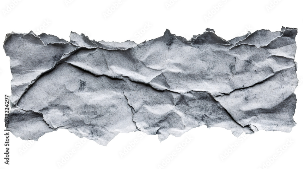 Poster crumpled gray paper with textured surface, ripped edges, lying flat against transparent backdrop for